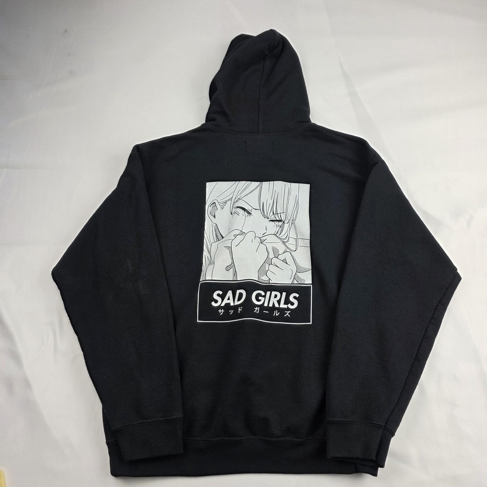 Animebae Hoodie Mens Large Black Sad Girls Anime Fleece Pullover Sweatshirt